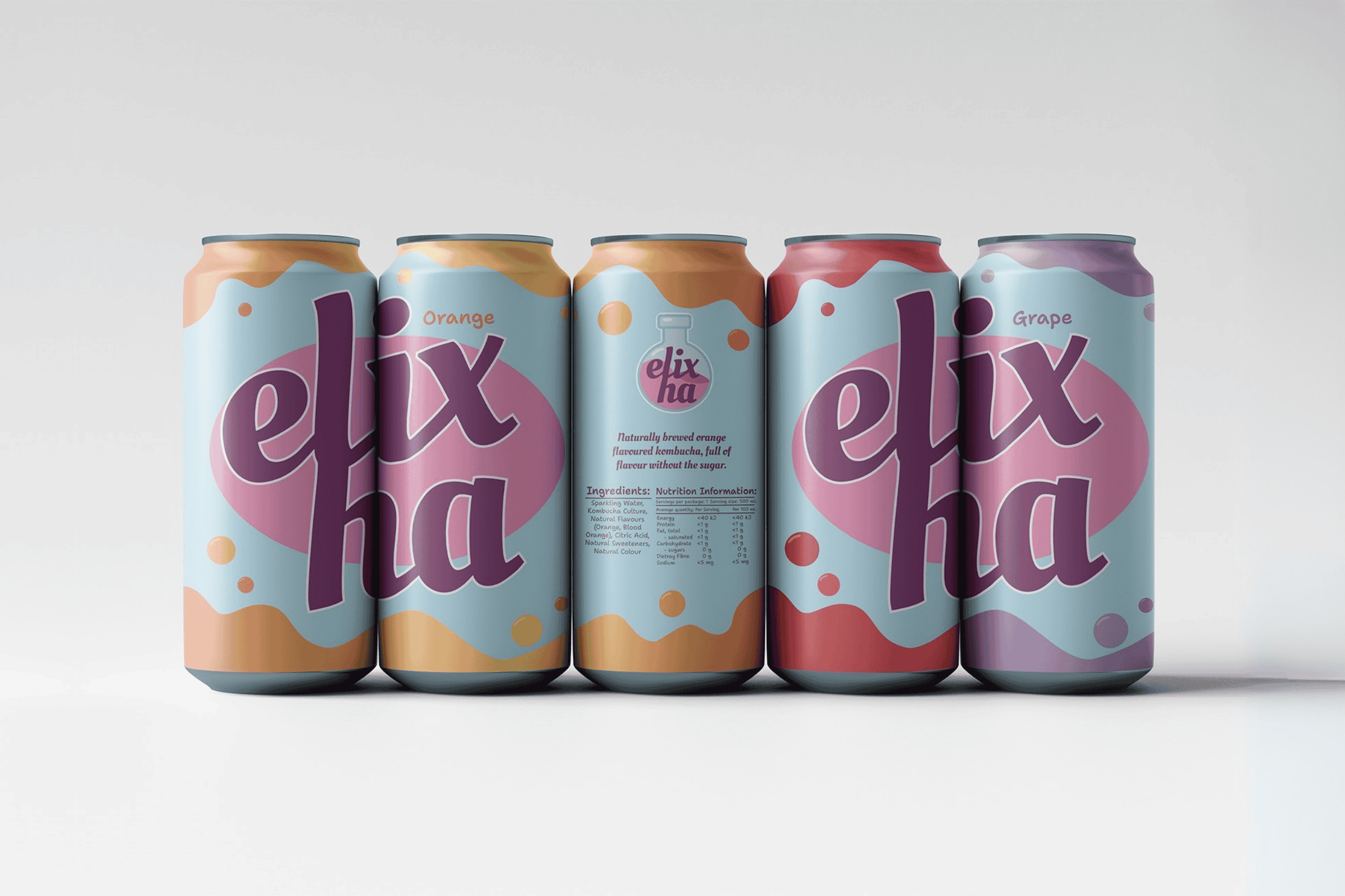 Caitlin Hatfield, Elixha Soda, Certificate in Digital Media + Design, 2025, Student work, Whitecliffe College, graphic design, package design, branding