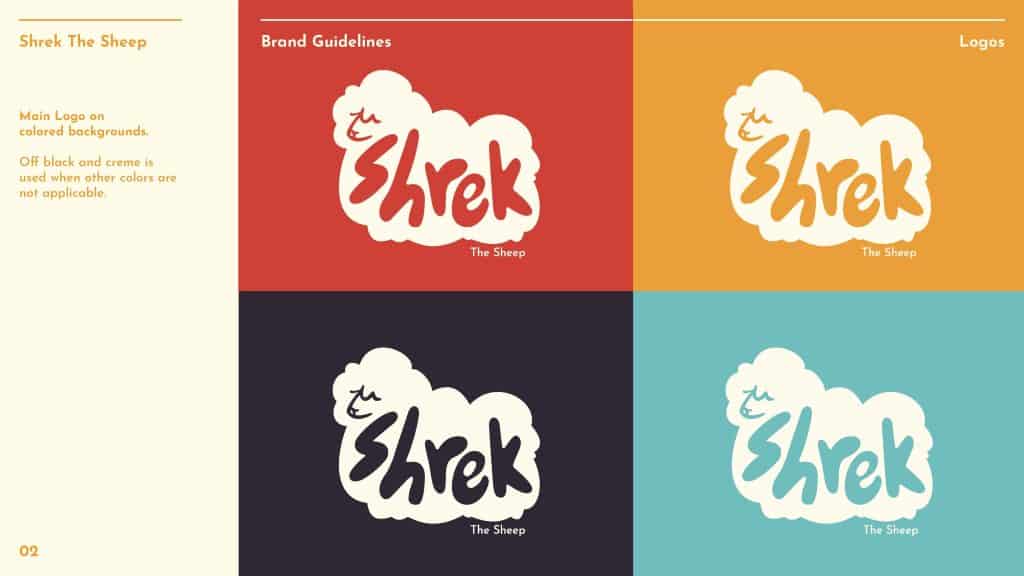 Ramona Surangsrirat, Shrek the Sheep Brand. Bachelor of Design + Digital Media, Year 2, Student work, Whitecliffe College, graphic design, logo, brand design, branding, brand guide, package design