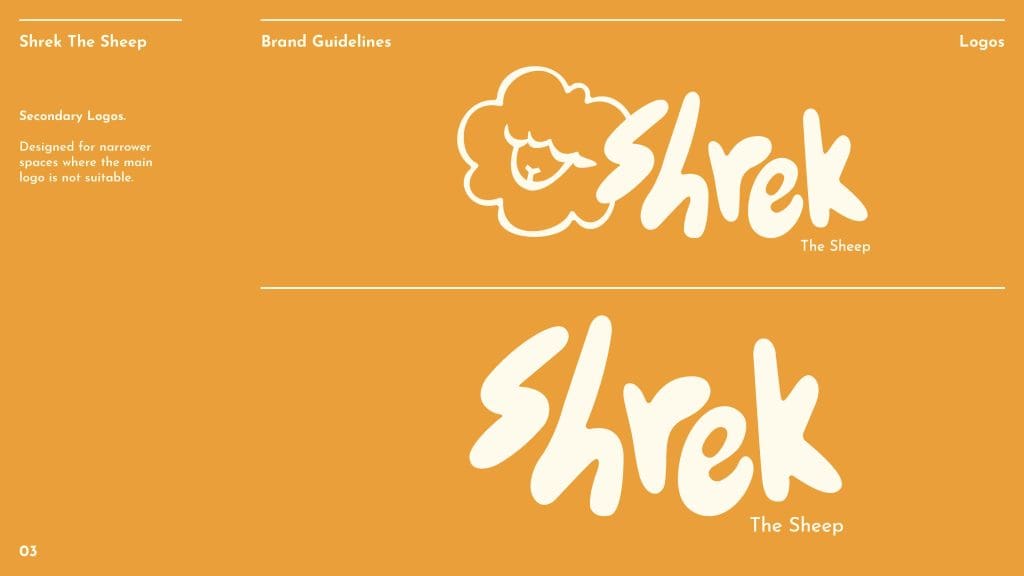 Ramona Surangsrirat, Shrek the Sheep Brand. Bachelor of Design + Digital Media, Year 2, Student work, Whitecliffe College, graphic design, logo, brand design, branding, brand guide, package design