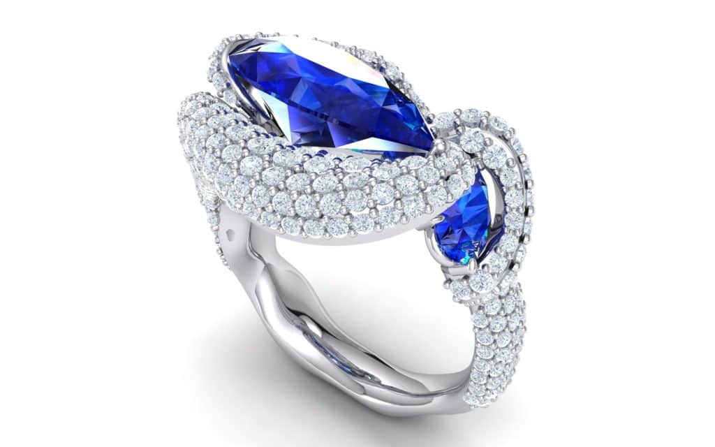 Elegant sapphire wedding ring designed by Sujin Lim — 4th Place in the Wedding Ring category at the 2025 World Jewellery Design Awards.