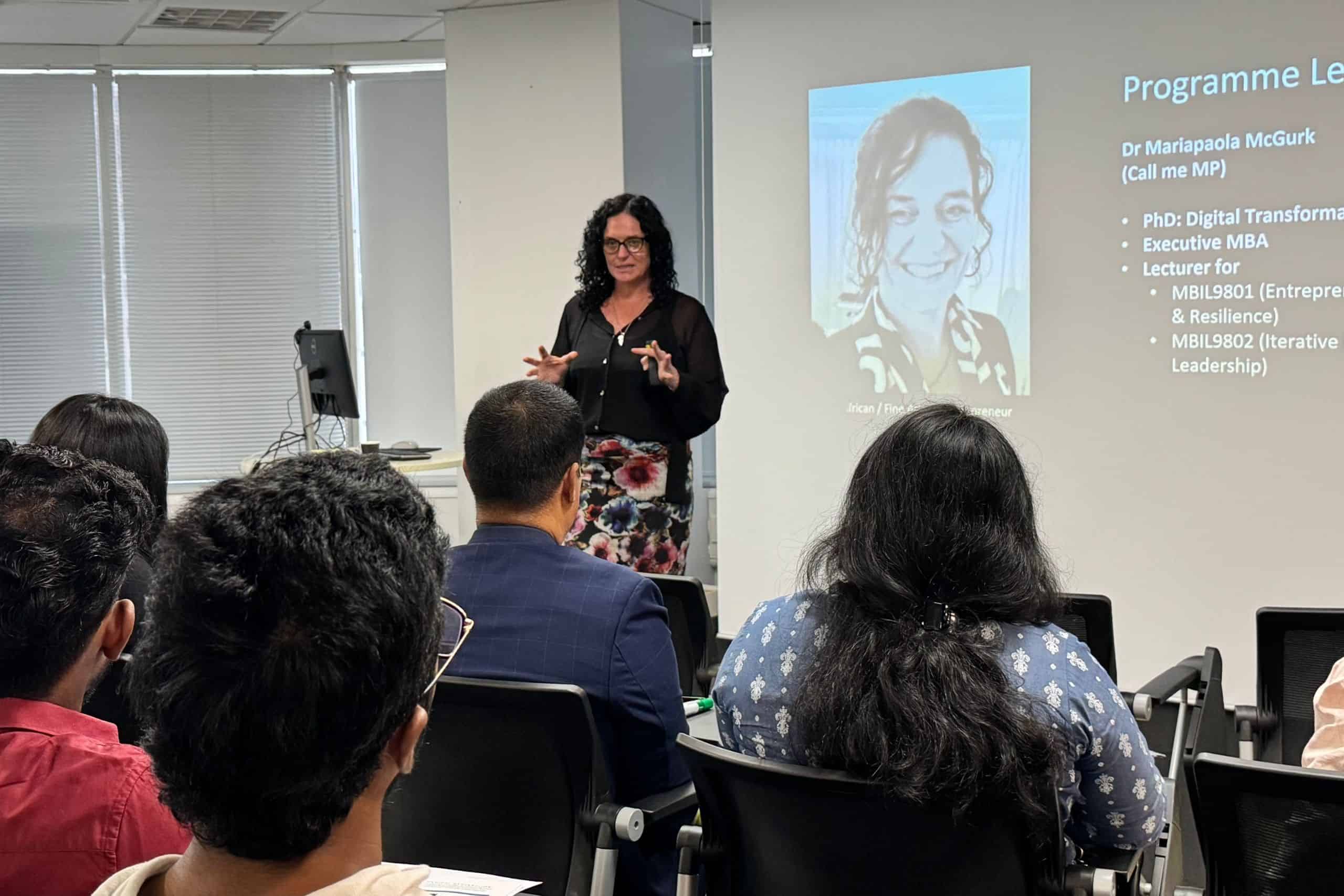 Dr Mariopaola McGurk teaching students in the Master of Business Innovation and Leadership at Whitecliffe