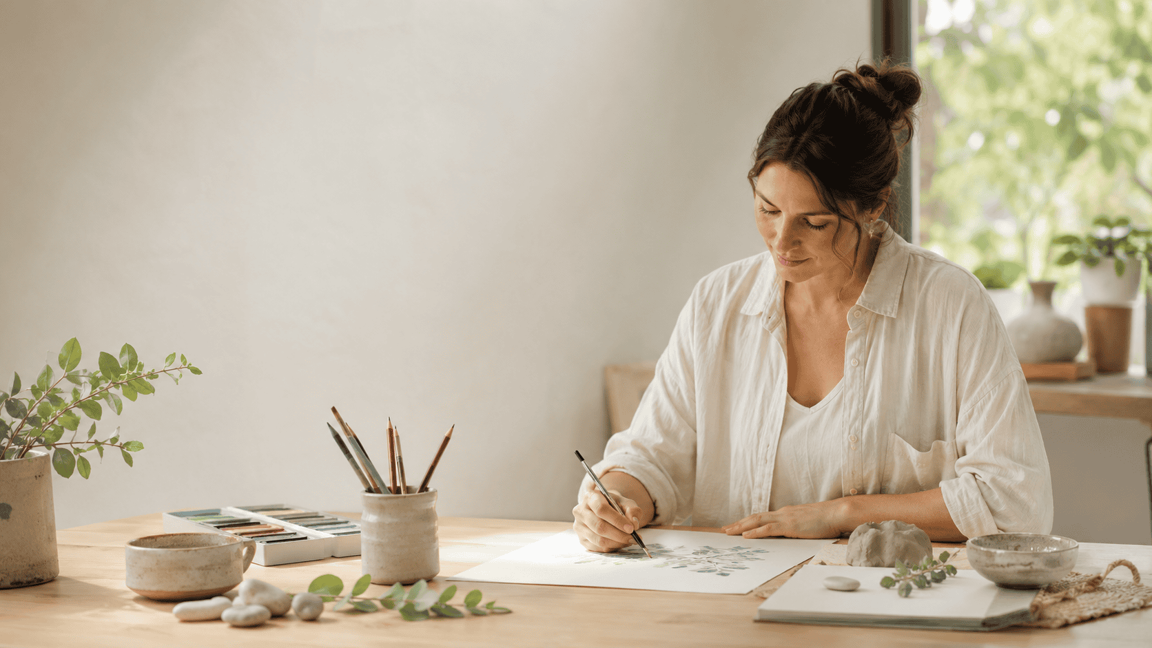 A calm creative arts therapy workspace with art materials, natural objects and a person painting in soft natural light.