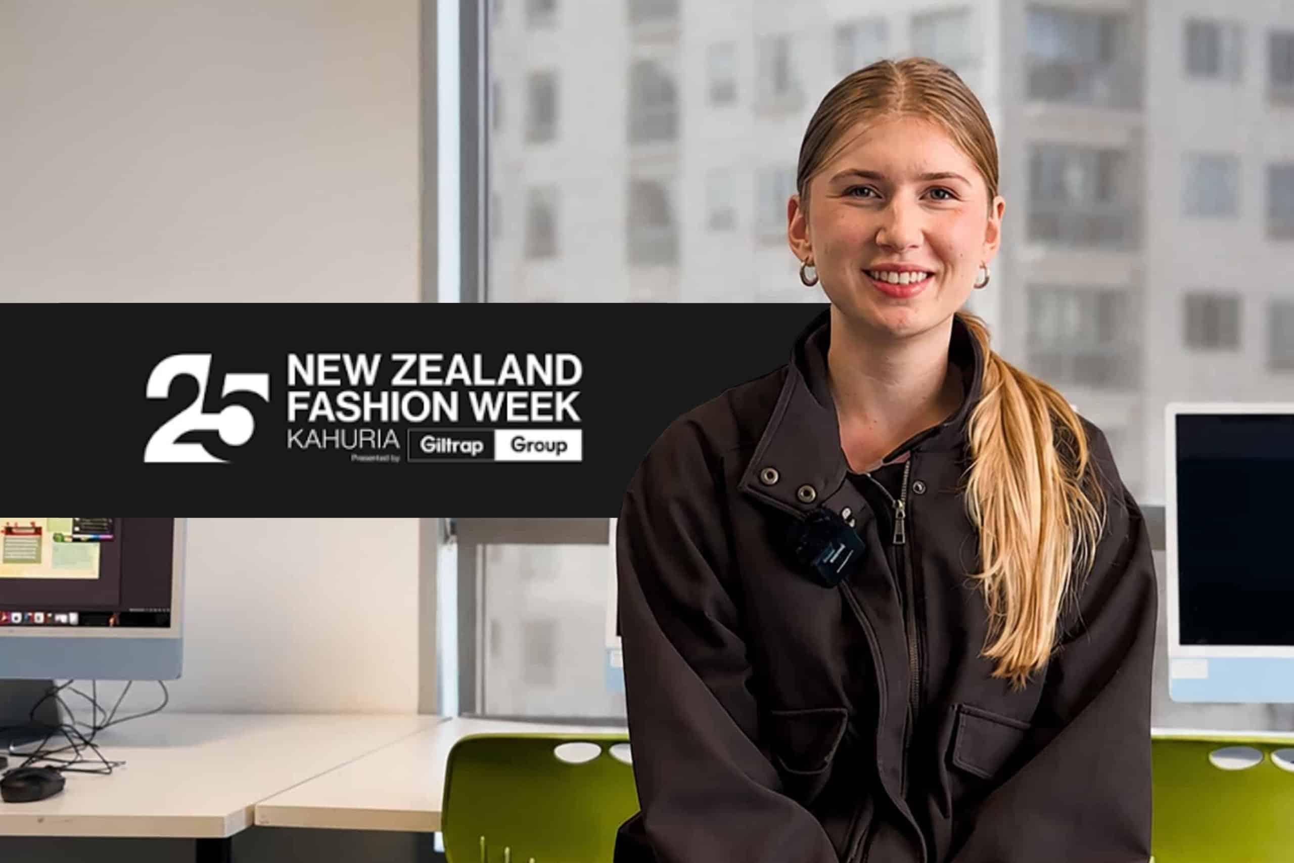 Whitecliffe Bachelor of Design + Digital Media student Alyssa Gorshkova with her 25th anniversary logo for New Zealand Fashion Week