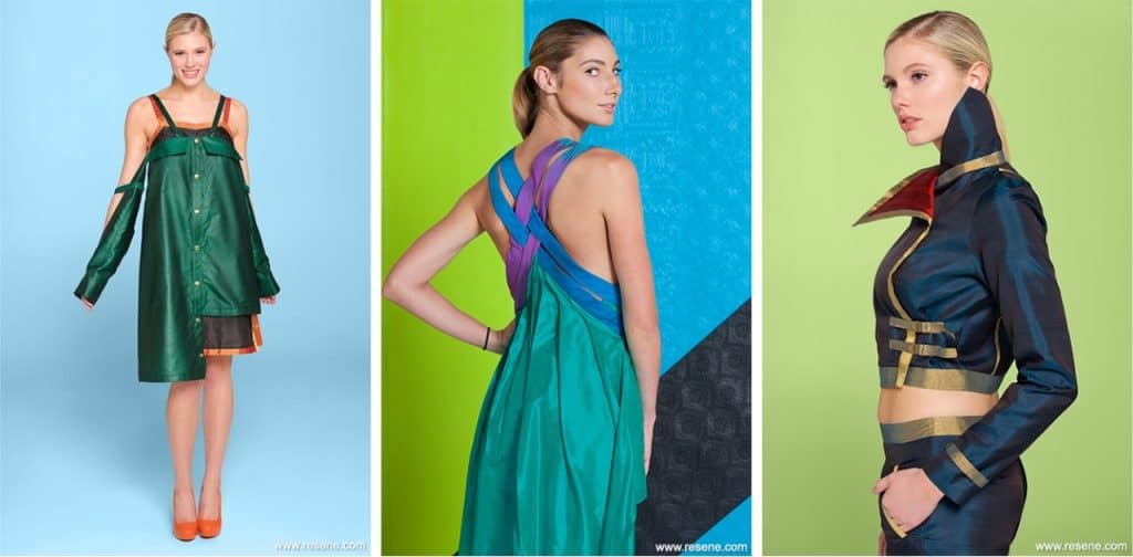 Resene Colour of Fashion 2016 designs by Whitecliffe students Olli Paroli, Rawi Rangi and Clare Weterings.